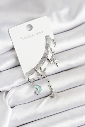 Pirinç Gümüş Renk Ay Model Kadın Set Küpe