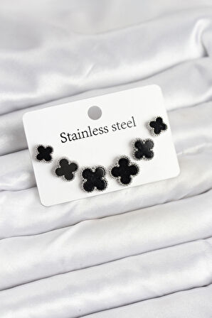 316L Çelik Gümüş Siyah Renk 3 Boy Yonca Küpe Seti