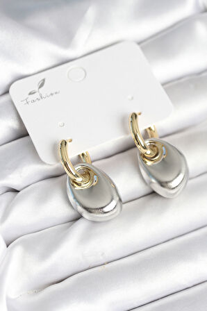 Pirinç Damla Model Gümüş Gold Renk Kadın Küpe