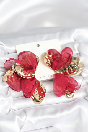 Pirinç Gold Renk Bordo Tüllü Lotus Kadın Küpe