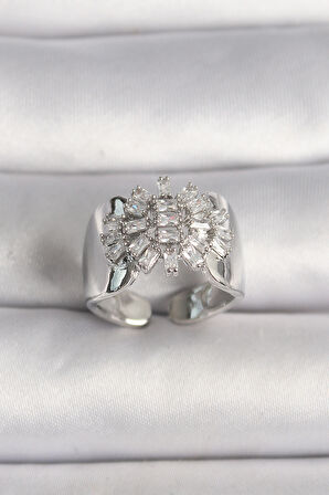 Pirinç Gümüş Renk Ayarlanabilir Baget Zirkon Taş Model Kadın Yüzük