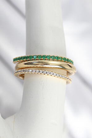 Pirinç Zirkon Taşlı Mix Renk 3'Lü Kadın Yüzük