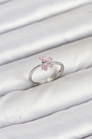 Pirinç Gümüş Renk Pembe Kelebek Kadın Yüzük