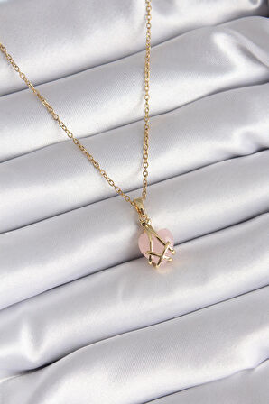 316L Çelik Gold Renk Pembe Kalp Model Kadın Kolye - EBJ240408W23464
