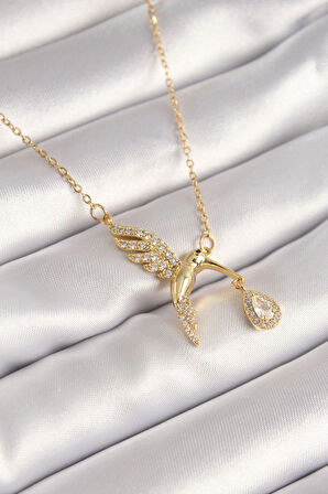 316L Çelik Gold Renk Zincir Zirkon Taşlı Sinek Kuşu Model Kadın Kolye - EBJ240504W23781