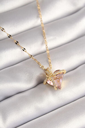 316L Çelik Gold Renk Zincir Pembe Zirkon Taş Kalp Model Kadın Kolye - EBJ240504W23785
