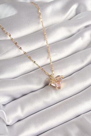 316L Çelik Gold Renk Zincir Pembe Zirkon Taş Kalp Model Kadın Kolye - EBJ240504W23785