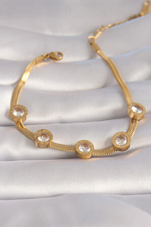 316L Çelik Gold Renk Zirkon Taşlı İtalyan Zincir Model Kadın Bileklik - EBJ240510W23964