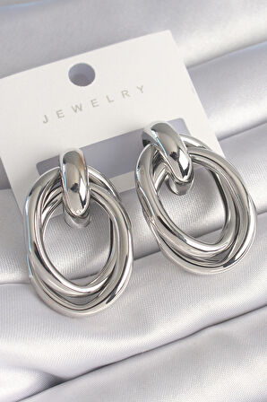 Pirinç Gümüş Renk Oval Sarmal Model Kadın Küpe - EBJ240510W23840