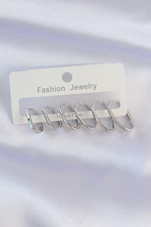 Pirinç Gümüş Renk İnce Oval Küpe Seti - EBJ240601W24764