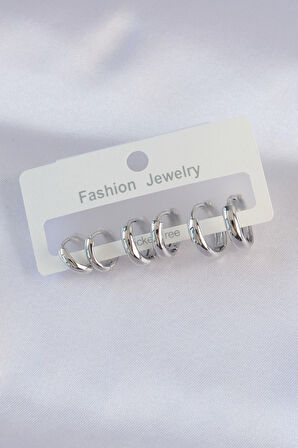 Pirinç Gümüş Renk Oval Bombeli Küpe Seti - EBJ240601W24772