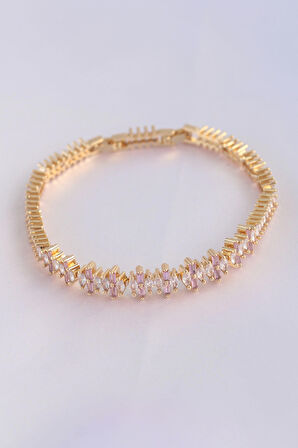 Vip Seri Pirinç Pembe Zirkon Taşlı Gold Renk Baget Model Bileklik - EBJ240608W24798