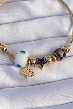316L Çelik Gold Renk Siyah Zirkon Taşlı Yıldız Tasarımlı Ağaç Detay Nazarlı Charm Bileklik - EBJ240807W25651