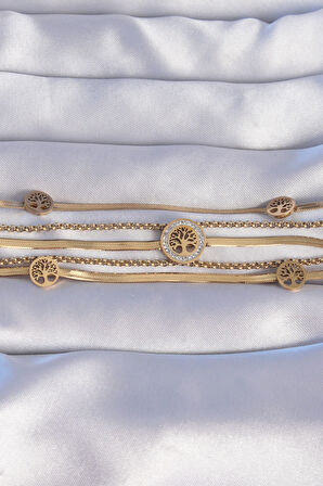 316L Çelik Gold Renk İtalyan Zincir Detaylı Zirkon Taşlı Yaşam Ağacı Tasarımlı Çoklu Bileklik - EBJ240807W25659
