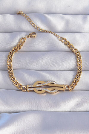 316L Çelik Gold Renk Zirkon Taşlı Kemer Tokası Model Zincir Bileklik - EBJ240807W25664