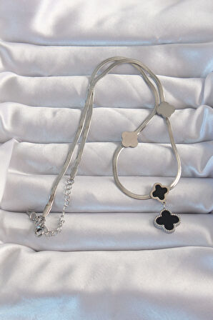 316L Çelik Gümüş Renk İtalyan Zincirli Mineli Yonca Kolye - EBJ240820W26660