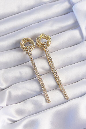 Pirinç Gold Renk Zirkon Taşlı Kıvrım Detay Sallantılı Küpe - EBJ240820W26617