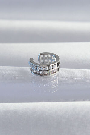Pirinç Gümüş Renk İncili Baget Taşlı Earcuff Küpe - EBJ240820W26738