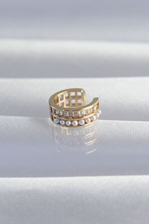 Pirinç Gold Renk İncili Baget Taşlı Earcuff Küpe - EBJ240820W26739