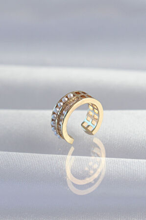 Pirinç Gold Renk İncili Baget Taşlı Earcuff Küpe - EBJ240820W26739