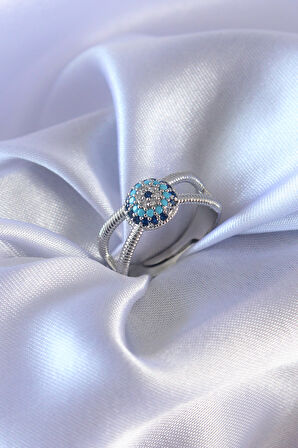 Gümüş Renk Nazar Boncuk Model Kadın Yüzük - EBJ240820W26742