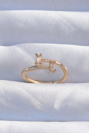 Pirinç Gold Renk Zirkon Taşlı Geometrik Ayarlanabilir Yüzük - EBJ240820W26485