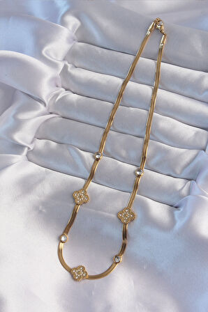 316L Çelik İtalyan Zincirli Gold Renk Zirkon Taşlı Yonca Model Kolye - EBJ240822W26871