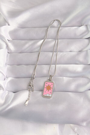 316L Çelik Gümüş Renk Pembe Mineli Güneş Model Tarot Kolye - EBJ240912W27747