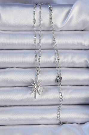 316L Çelik Zincir Gümüş Renk Zirkon Taşlı Kutup Yıldızı Kolye - EBJ240912W27822