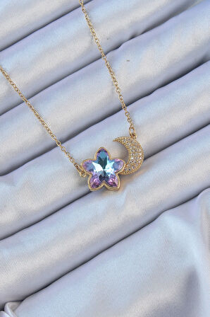 316L Çelik Zincir Altın Renk Ay Tasarımlı Renkli Zirkon Taşlı Çiçek Kolye - EBJ240912W27893