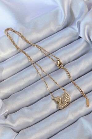 316L Çelik Zincir Altın Renk Zirkon Taşlı Kuğu Kolye - EBJ240912W27907