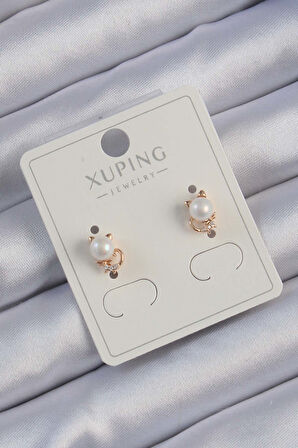 Xuping Rose Renk Zirkon Taşlı İncili Kedi Küpe - EBJ240913W28051