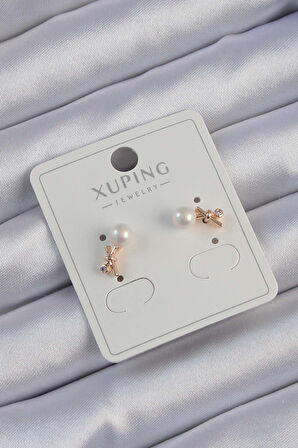 Xuping Rose Renk Zirkon Taşlı İncili Minimal Fiyonk Küpe - EBJ240913W28052