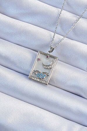 Gümüş Renk Zirkon Taşlı Ay Figürlü Tarot Kolye - EBJ240920W28236