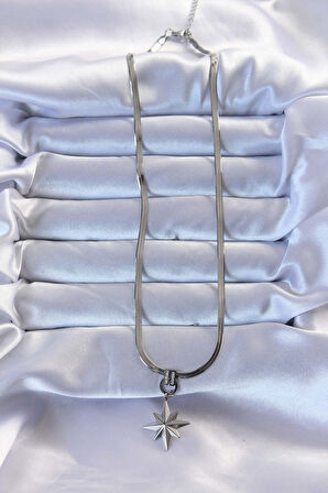  Gümüş Renk Zirkon Taşlı İtalyan Zincirli Kutup Yıldızı Kolye - EBJ240928W28304