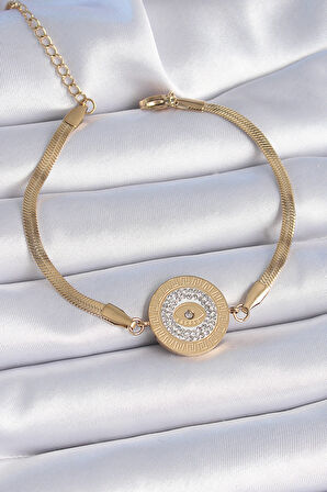 Gold Renk İtalyan Zincir Zirkon Taşlı Göz İşlemeli Madalyon Model Kadın Bileklik - EBJ241026W28799