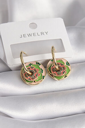 Gold Renk Pembe Yeşil Renkli Motif Model Kadın Küpe - EBJ241109W28965