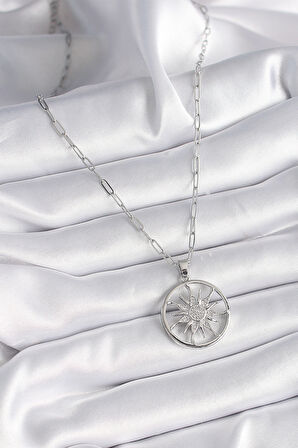 Gümüş Renk Zirkon Taşlı Güneş Madalyon Model Kadın Kolye - EBJ241130W29606