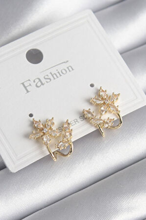 Gold Renk Zirkon Taşlı Çiçek Model Kadın Küpe - EBJ241130W29688