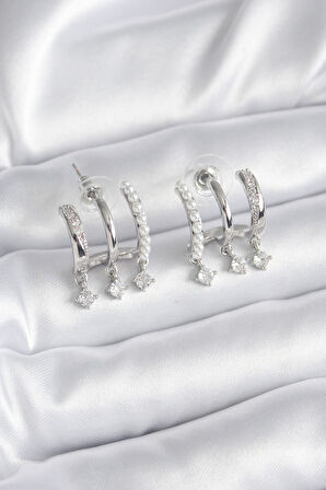 Gümüş Renk Zirkon Taş Detay İncili Kadın Küpe - EBJ241206W29729