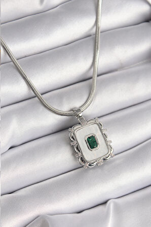 Gümüş Renk İtalyan Zincir Beyaz Sedefli Kare Portre Model Zümrüt Taş Detay Kadın Kolye - EBJ241214W29950