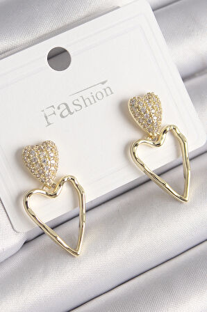 Gold Renk Zirkon Taşlı Kalp Model Kadın Küpe - EBJ241214W29907
