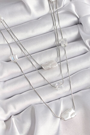 Pirinç Gümüş Renk Ezme İnci Model Çoklu Kadın Kolye - EBJ241221W30087