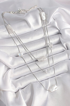 Pirinç Gümüş Renk Ezme İnci Model Çoklu Kadın Kolye - EBJ241221W30087