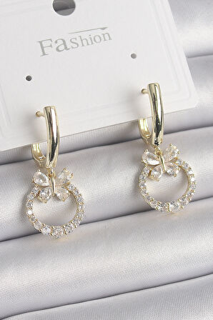 Pirinç Gold Renk Zirkon Taşlı Kelebek Figür Sallantı Model Kadın Küpe - EBJ241221W30135