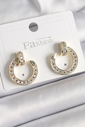 Pirinç Gold Renk Zirkon Taşlı Çivi Halka Model Kadın Küpe - EBJ241221W30141
