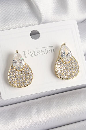 Pirinç Gold Renk Zirkon Taşlı Damla Model Kadın Küpe - EBJ241221W30165