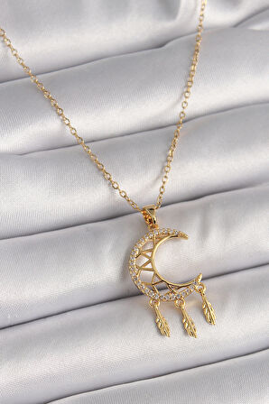 Gold Renk Zincir Zirkon Taşlı Hilal Model Sallantı Yaprak Detay Kadın Kolye - EBJ241228W30258