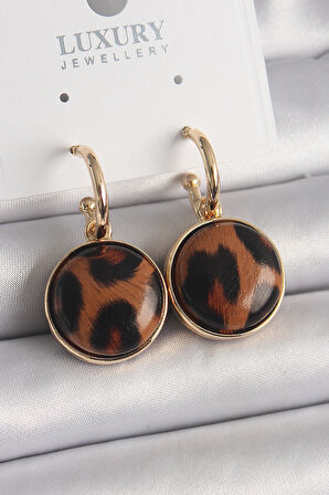 Pirinç Gold Renk Leopar Desenli Daire Model Kadın Küpe - EBJ241228W30178