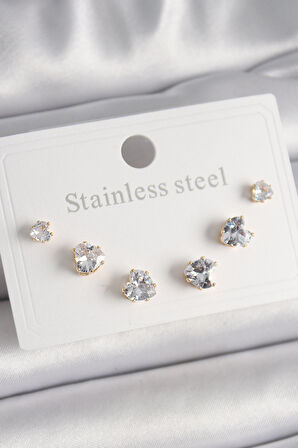 Gold Renk Zirkon Taşlı Kalp Model Kadın Küpe Seti - EBJ241228W30181